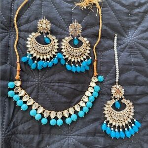 Indian Pakistani Gold and Blue Jewelry Set